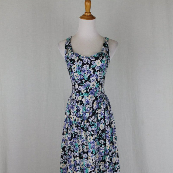 Vintage Laura Ashley Cross Back Dress Blue Pansy Print Cotton Made in Ireland